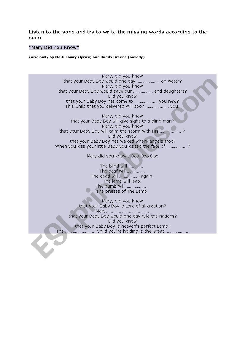 Mary Did You Know? worksheet