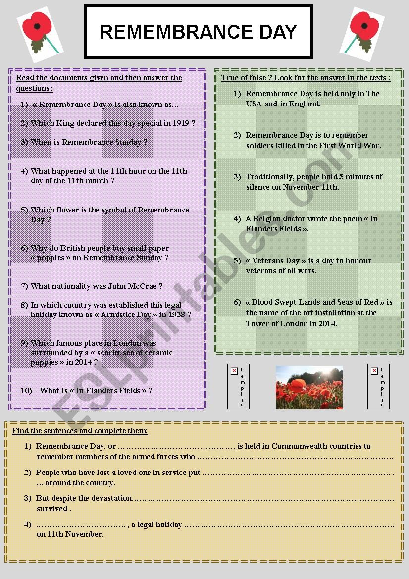 Remembrance Day worksheet