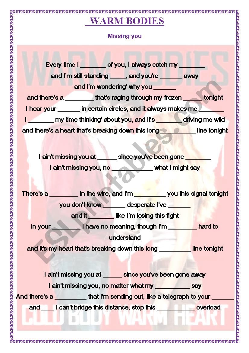 MISSING YOU . WARM BODIES worksheet