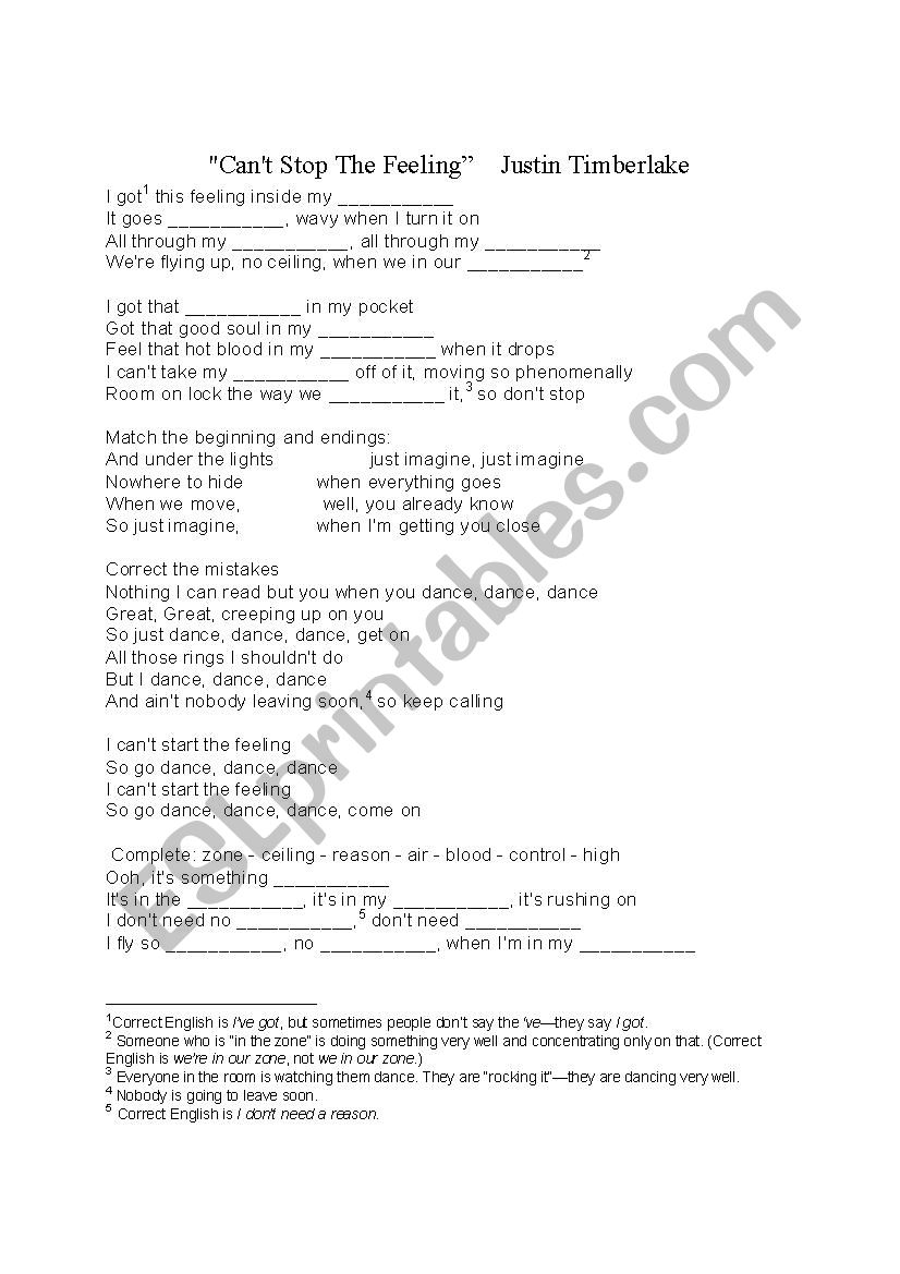 cant stop the feeling song worksheet