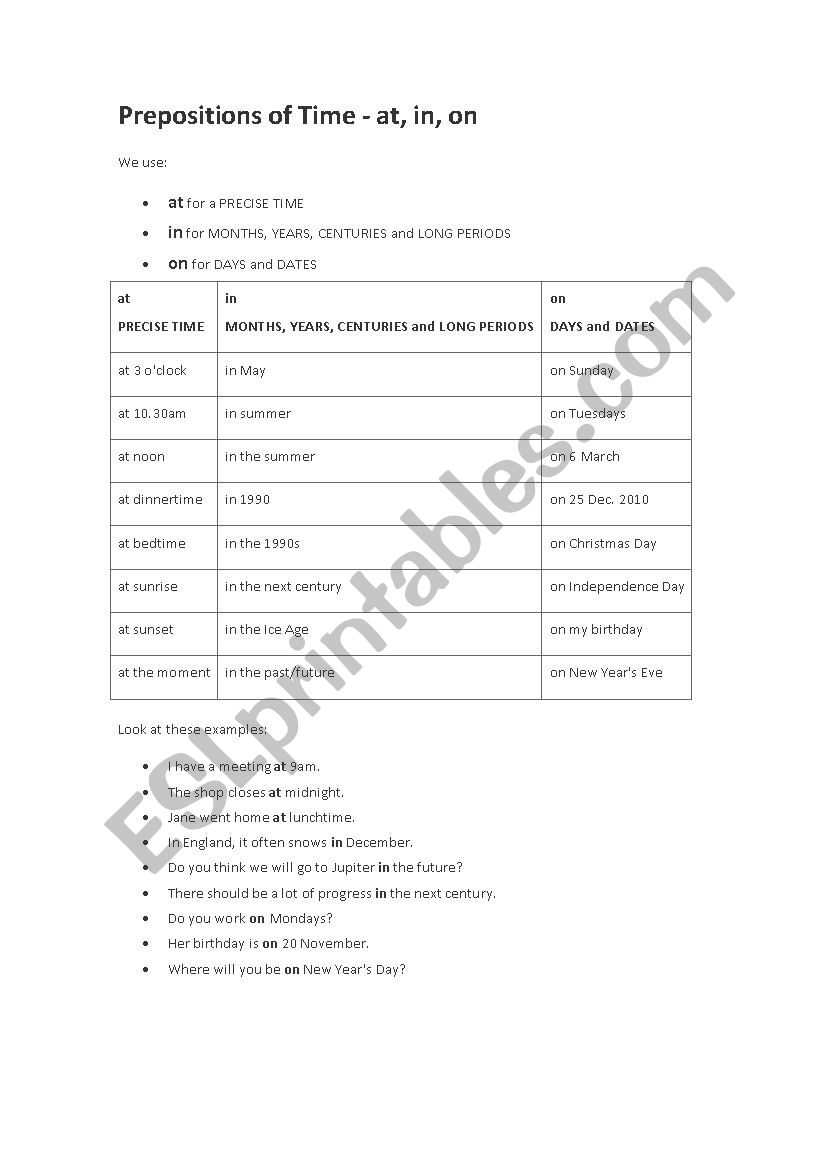 Prepositions of Time worksheet