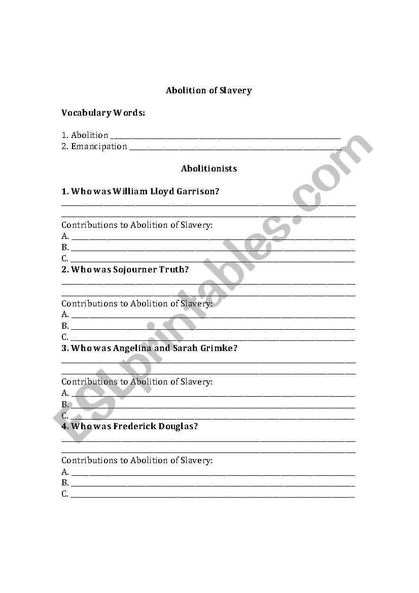 Abolition of Slavery worksheet