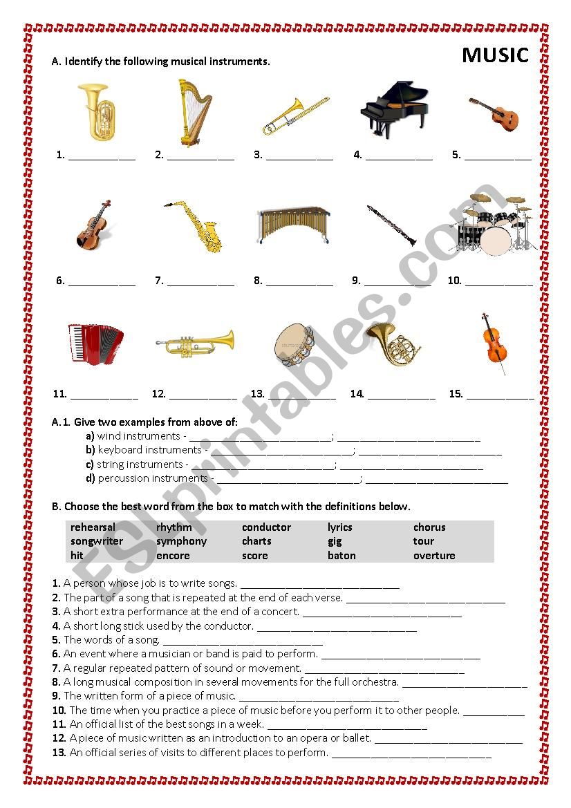Music - musical instruments worksheet