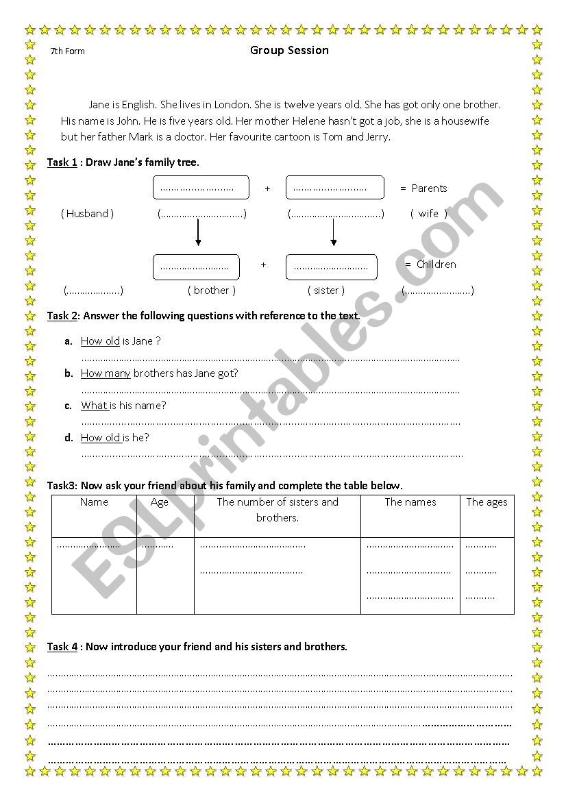 introduce oneÂ´s family worksheet