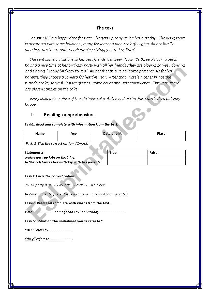 reading about birthday worksheet