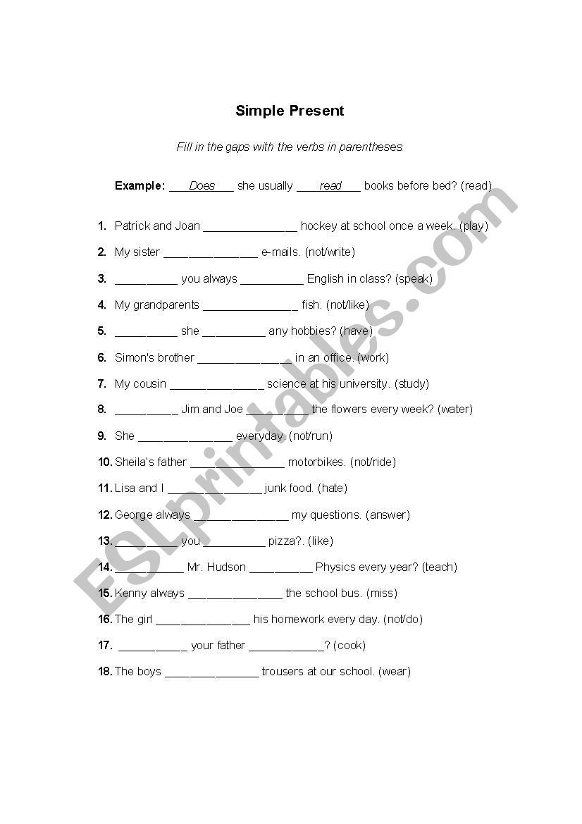 Present Simple exercises worksheet