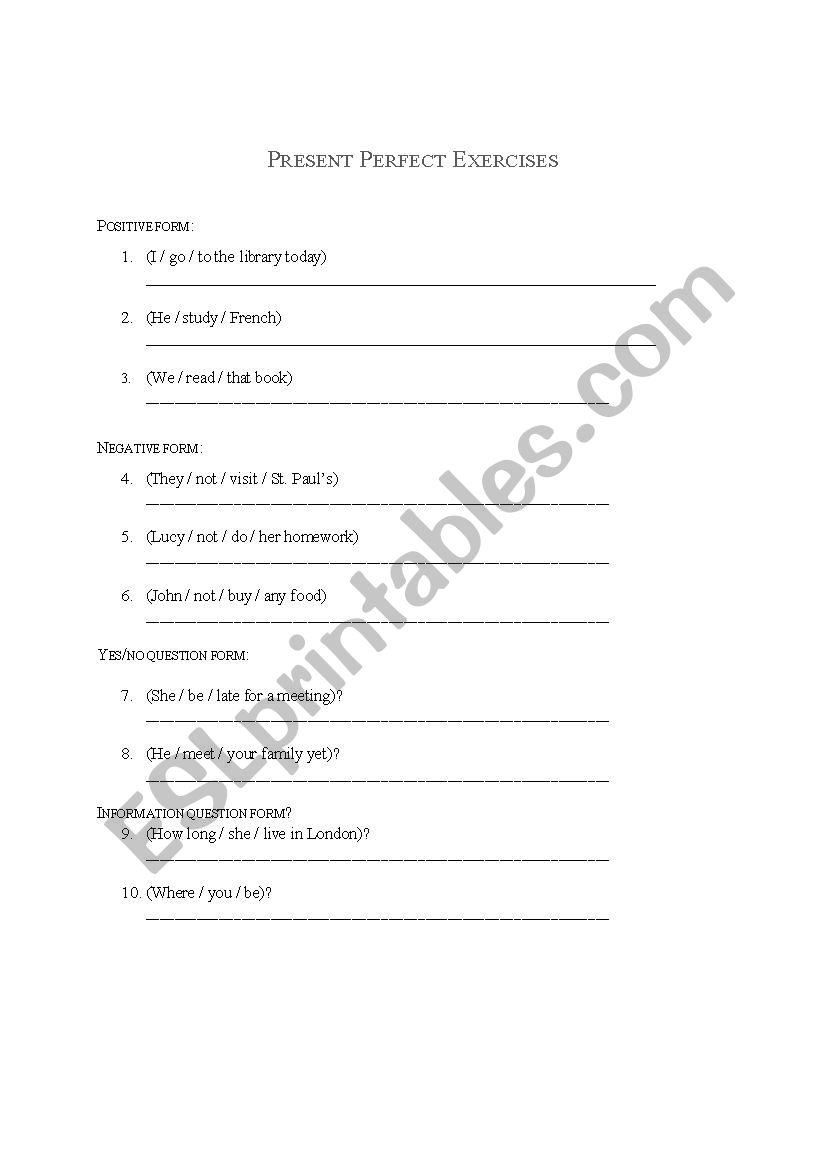 Present Perfect Exercises worksheet