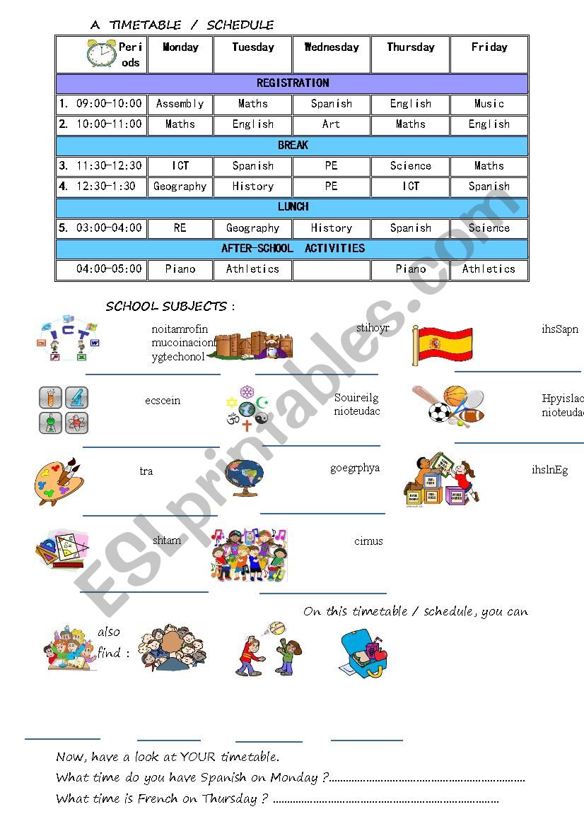 timetable and school subjects worksheet