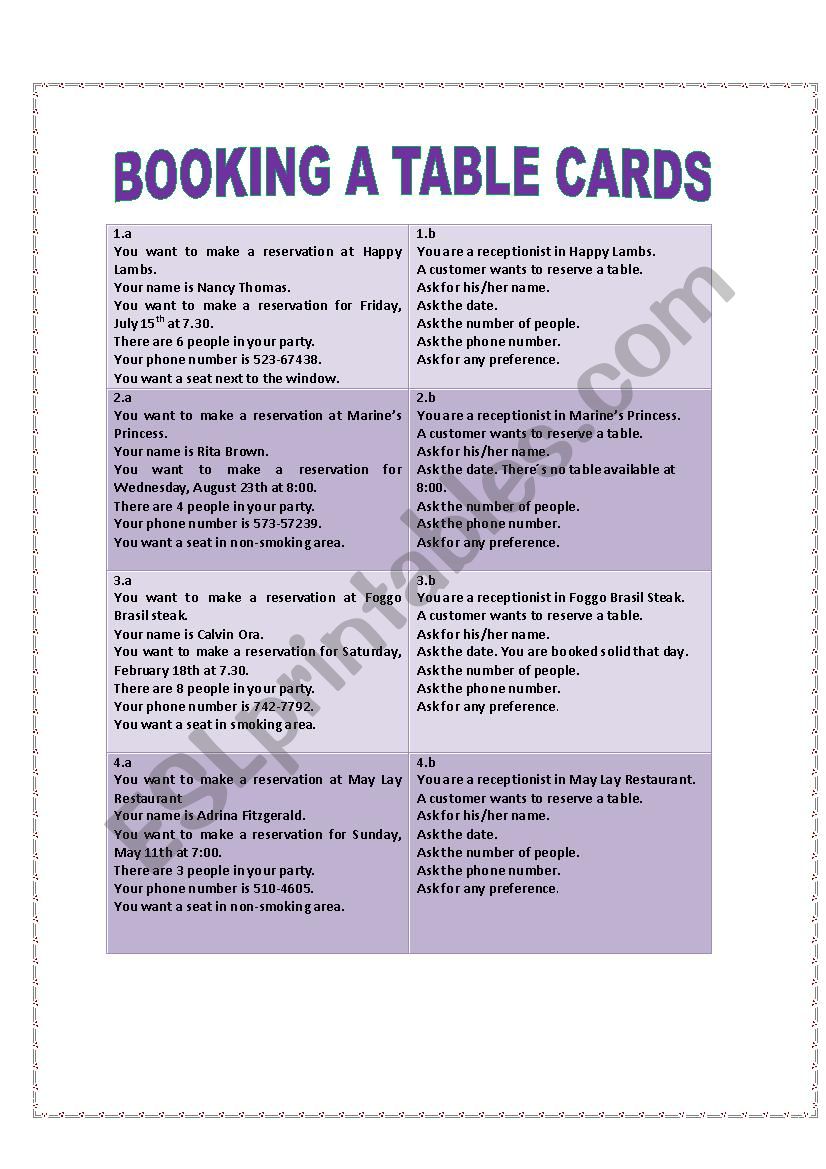 BOOKING A TABLE CARDS worksheet