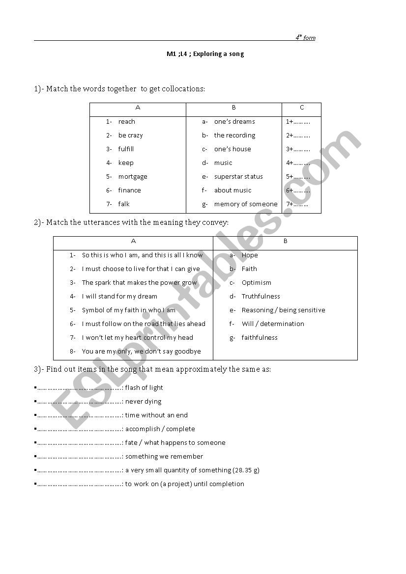 Immortality by Celine Dion worksheet