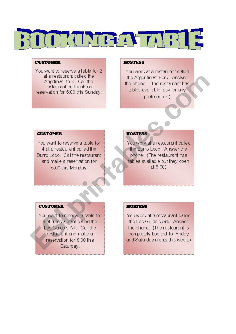 BOOKING A TABLE worksheet