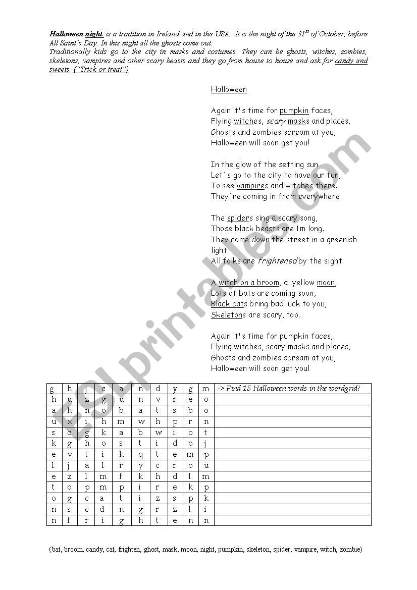 Halloween poem worksheet