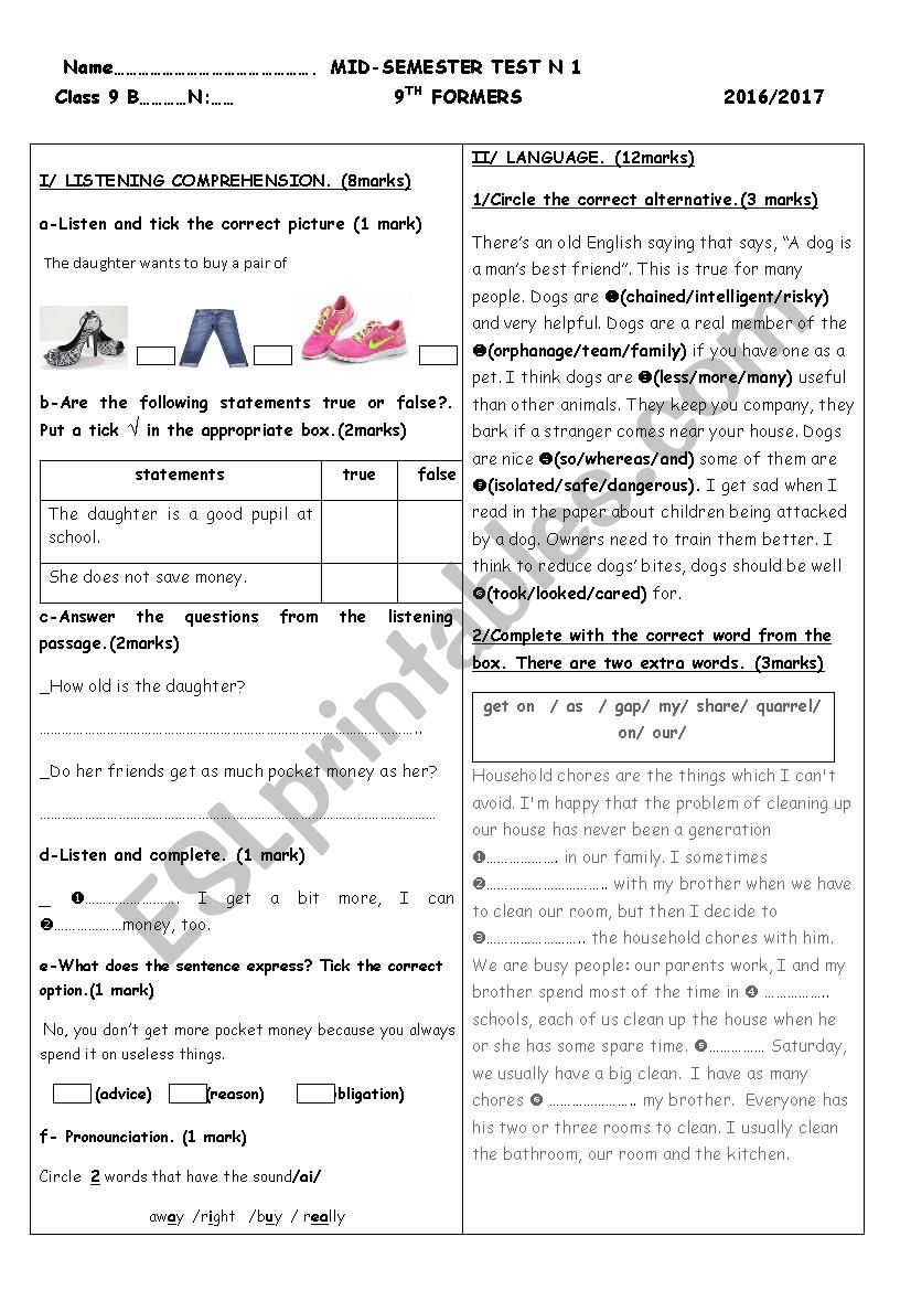 Mid-Semester test 1 9th formers