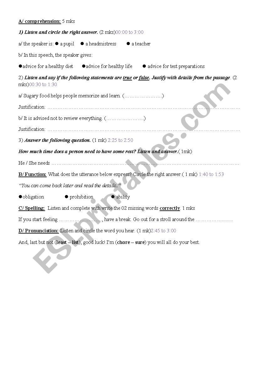 Listening test worksheet