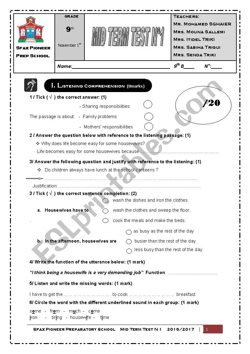 9th Form Mid Semester Test 1 worksheet