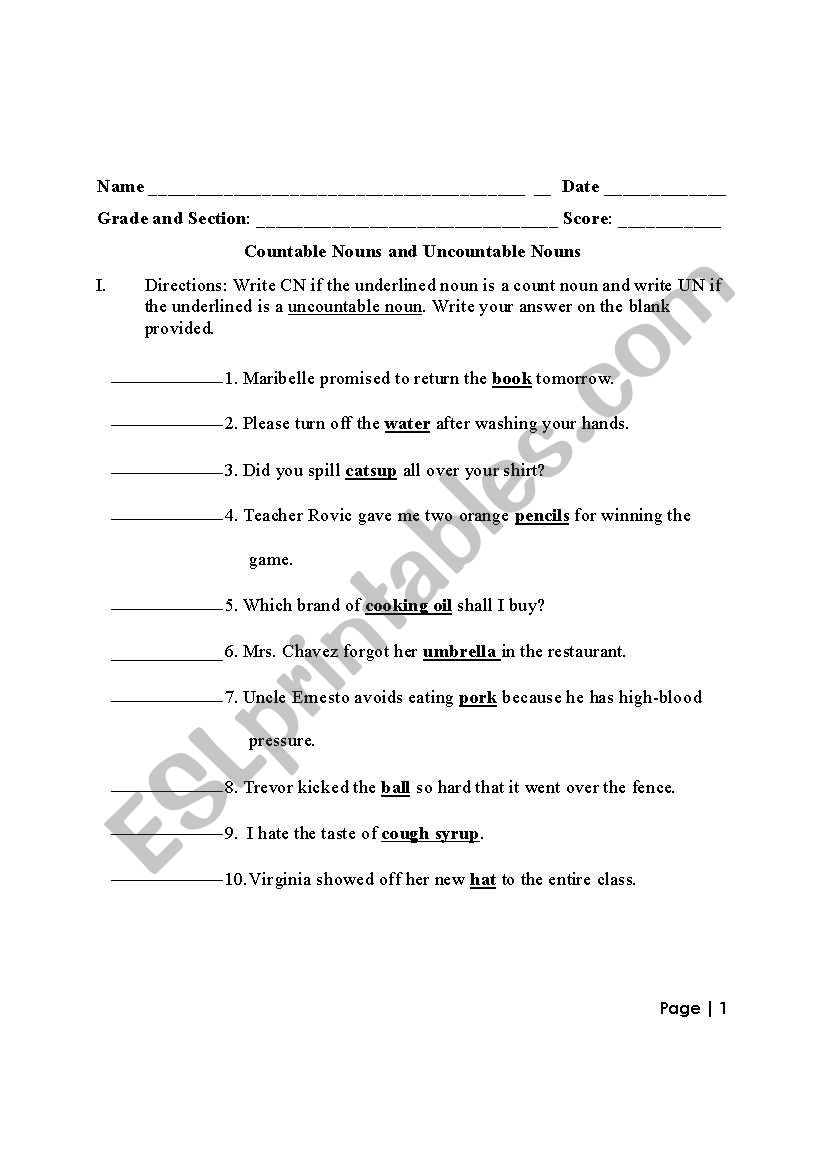 Countable and Uncountable Nouns