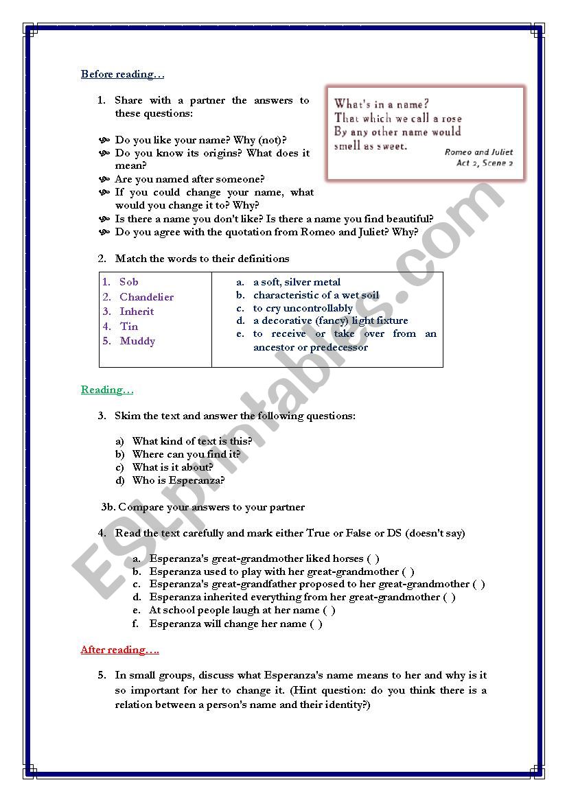 My Name, by Sandra Cisneros - ESL worksheet by teacher mauricio