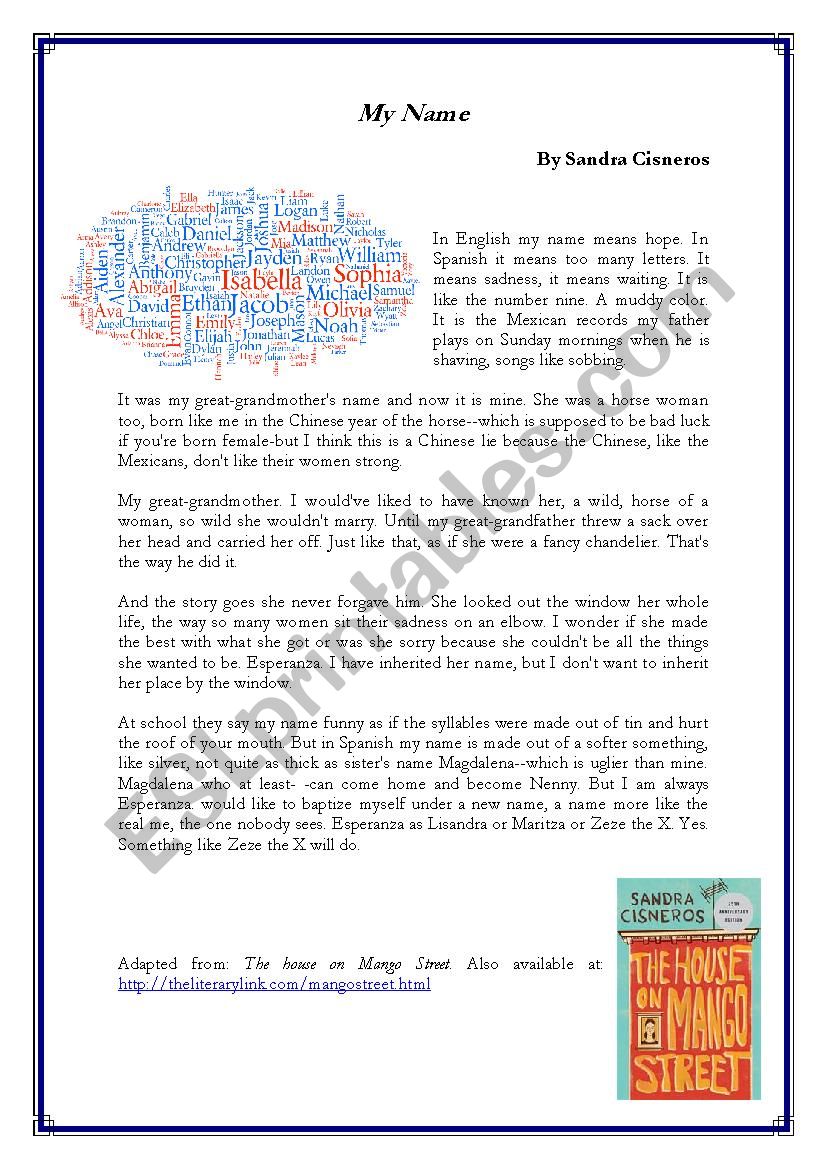 My Name, by Sandra Cisneros - ESL worksheet by teacher mauricio my-name-by-sandra-cisneros-esl-worksheet-by-teacher-mauricio
