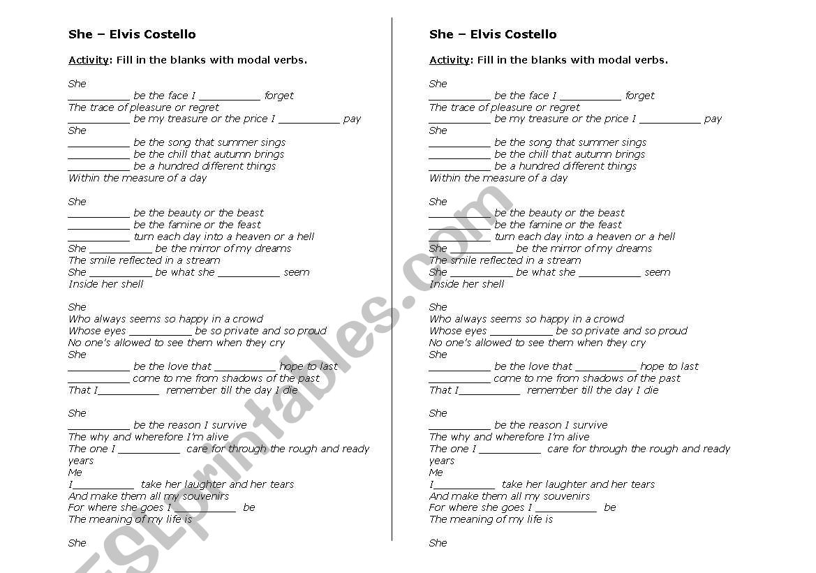 She - Elvis Costello worksheet