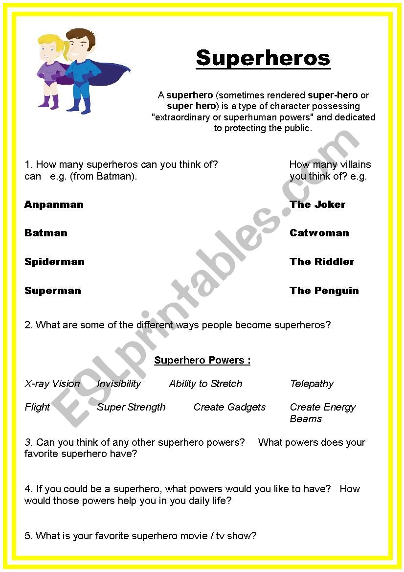 Superheros worksheet