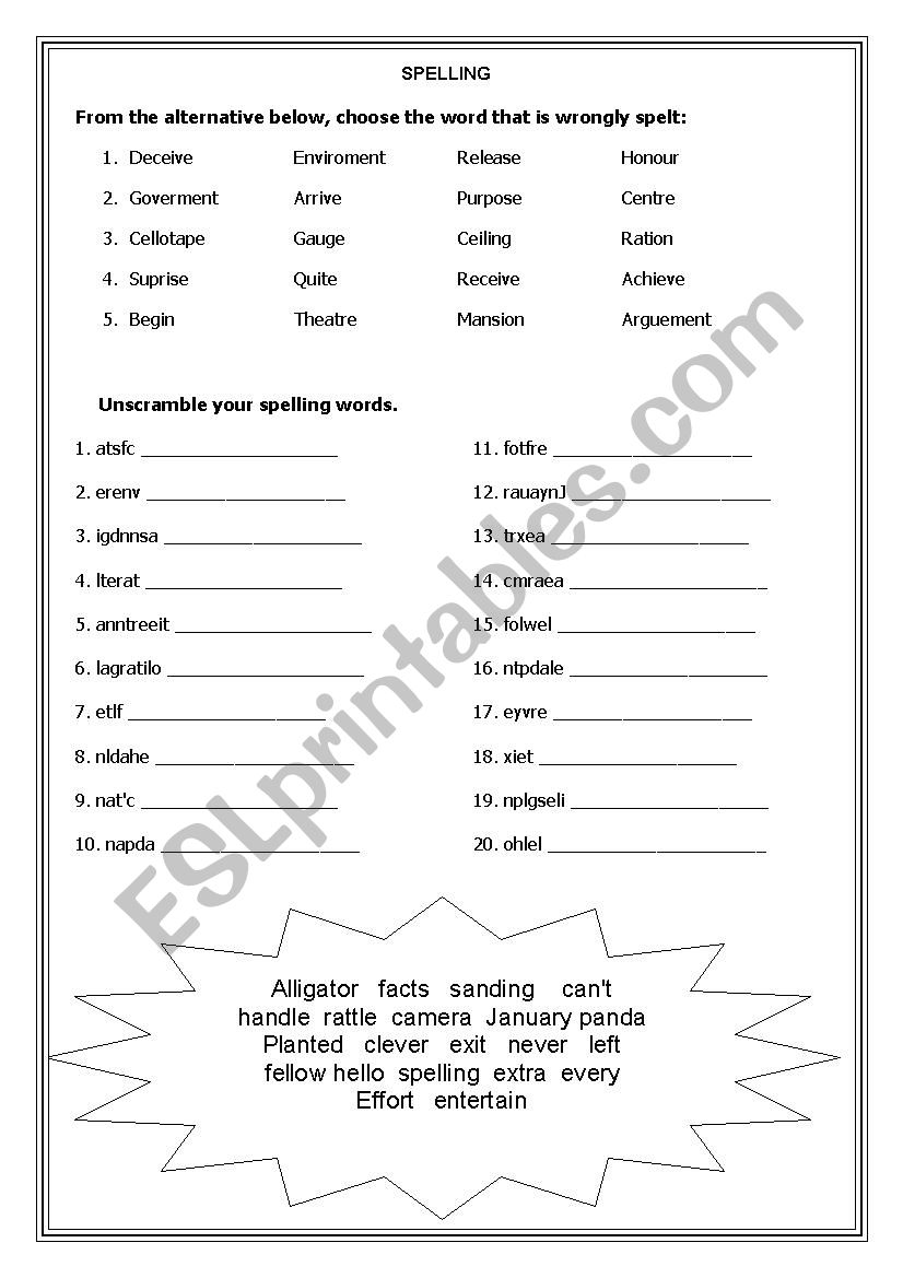 SPELLING WORKSHEET worksheet