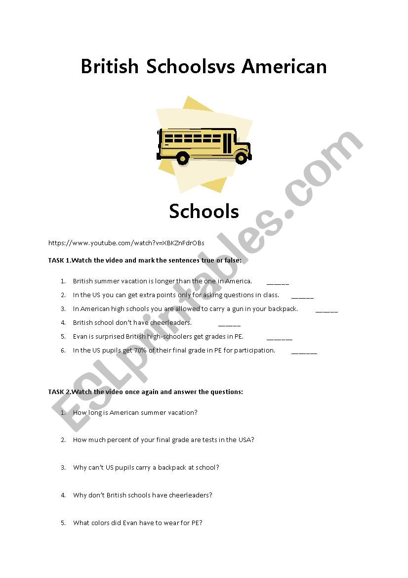 British Schools vs American Schools - video worksheet