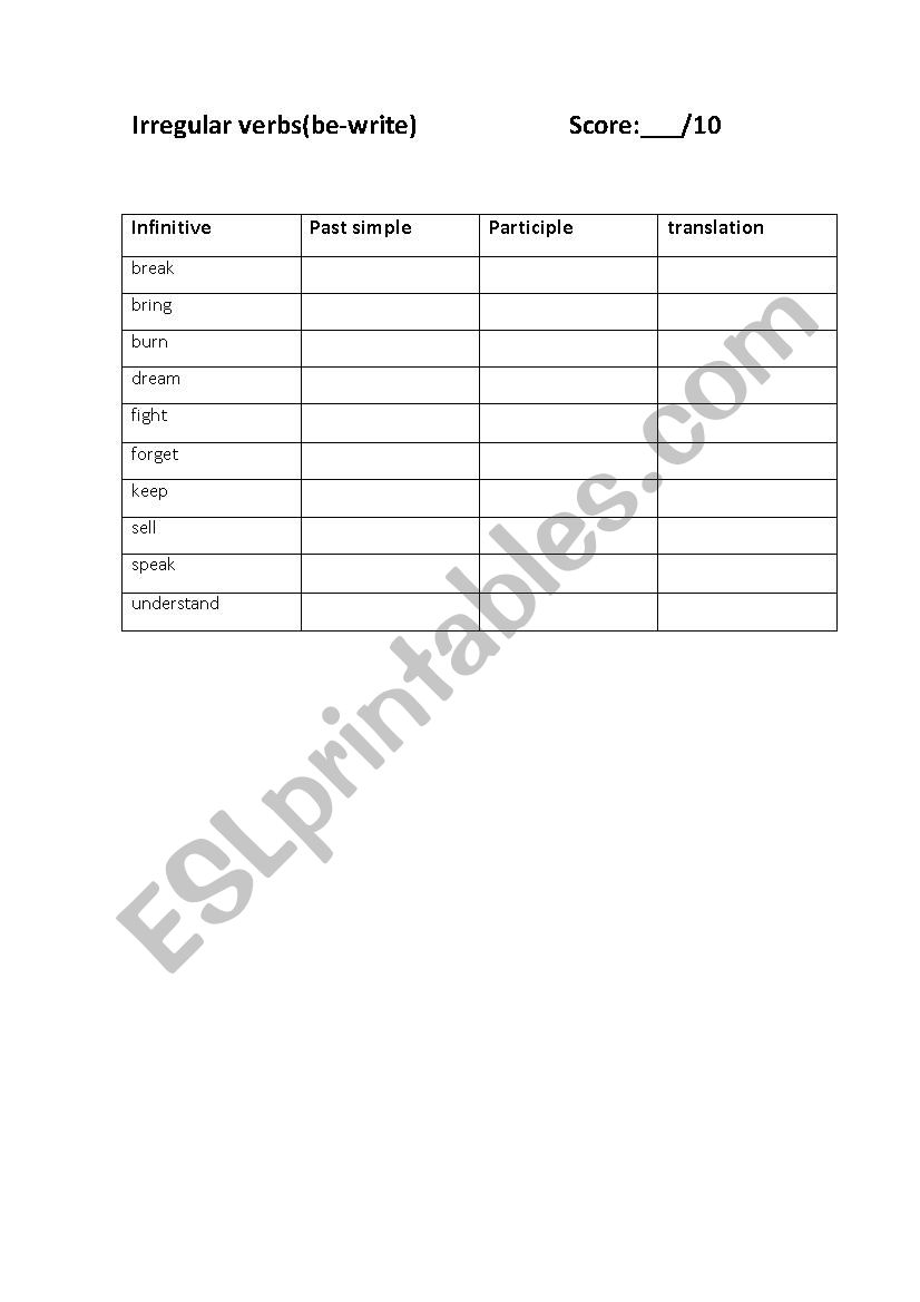 irregular verbs test worksheet