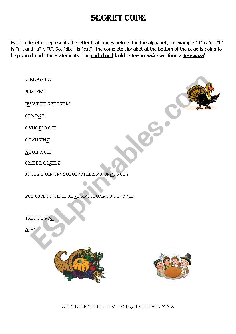 ThanksgivingÂ´s secret code worksheet