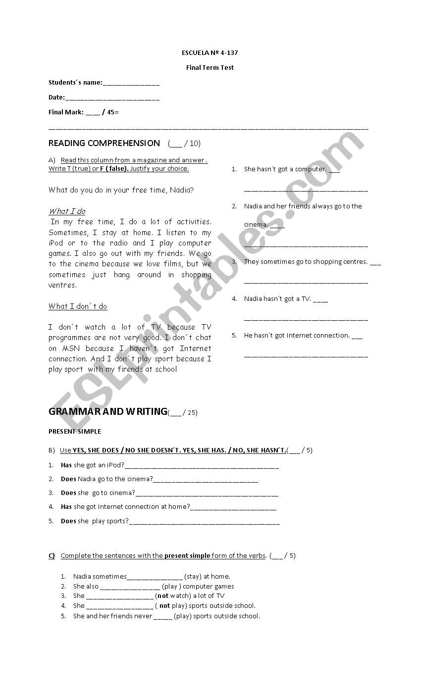 final exam worksheet