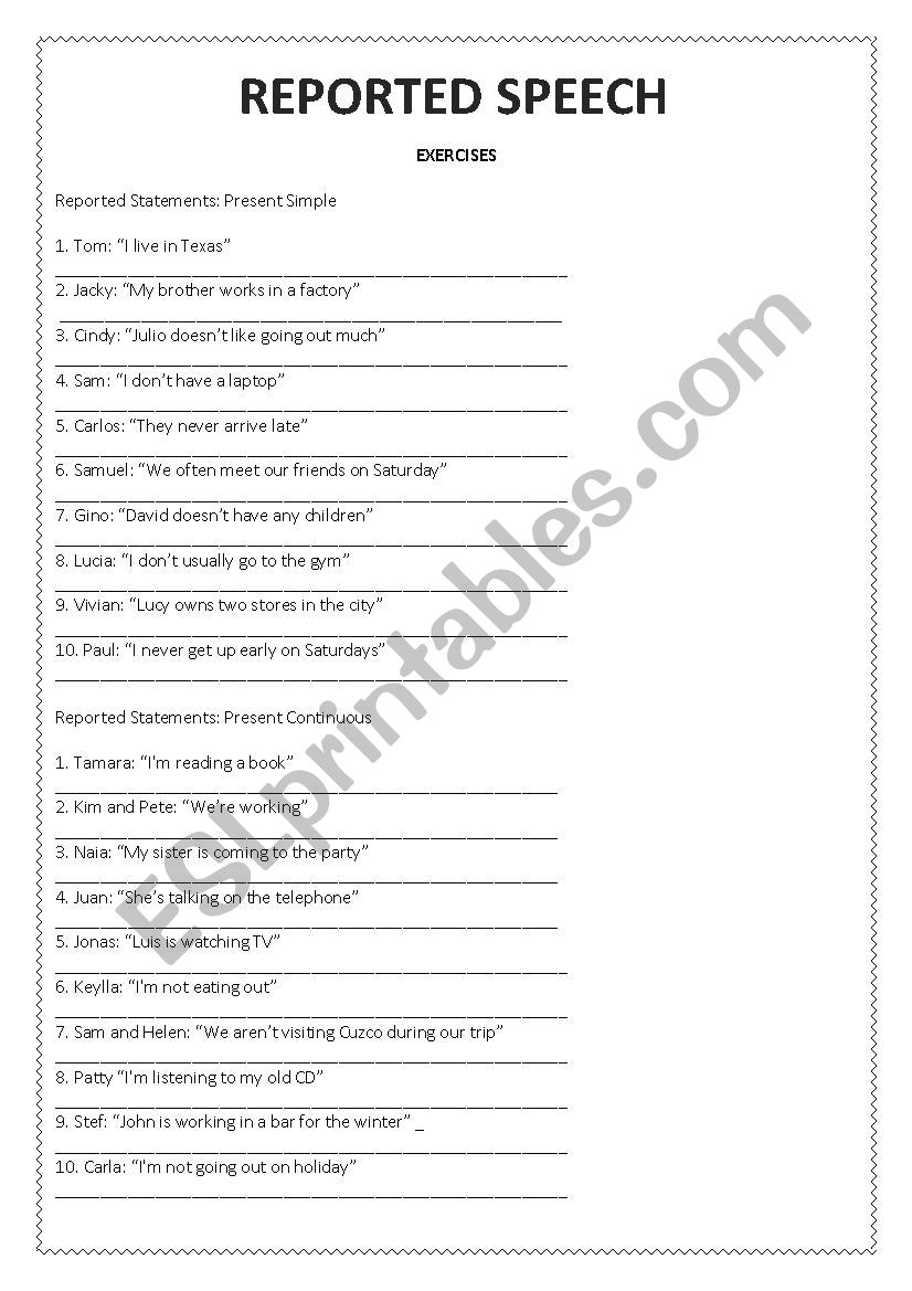 present perfect reported speech exercises pdf