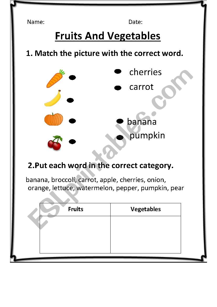 Fruits And Vegetables Worksheet Short Version