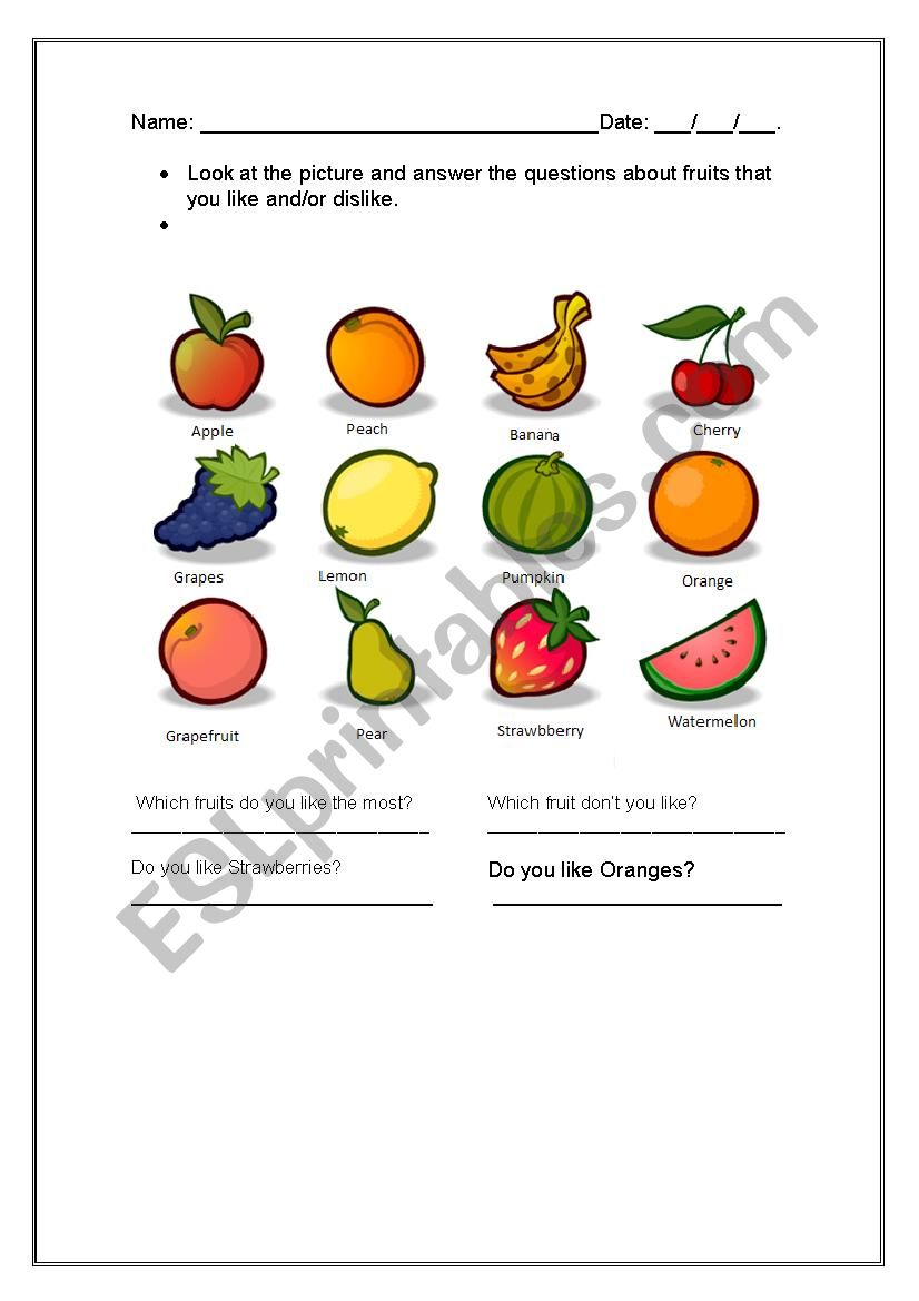Fruits likes and dislikes worksheet