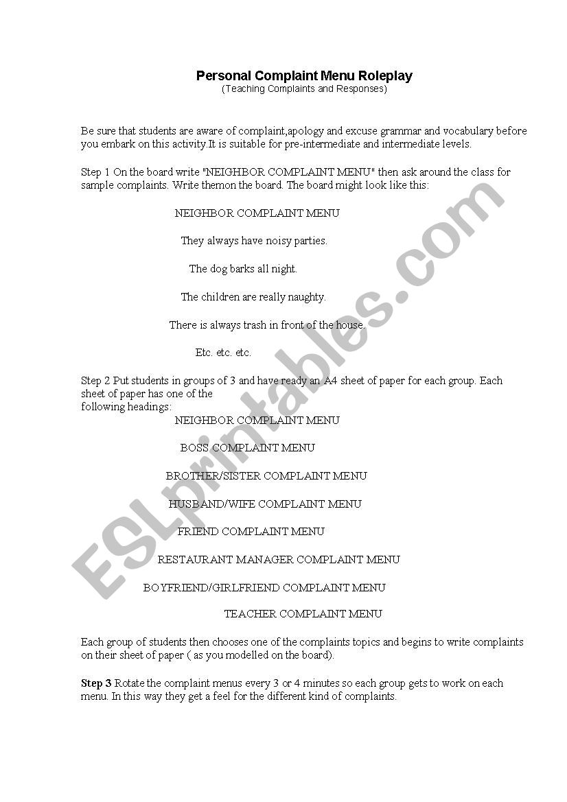 Complaints_roleplay worksheet