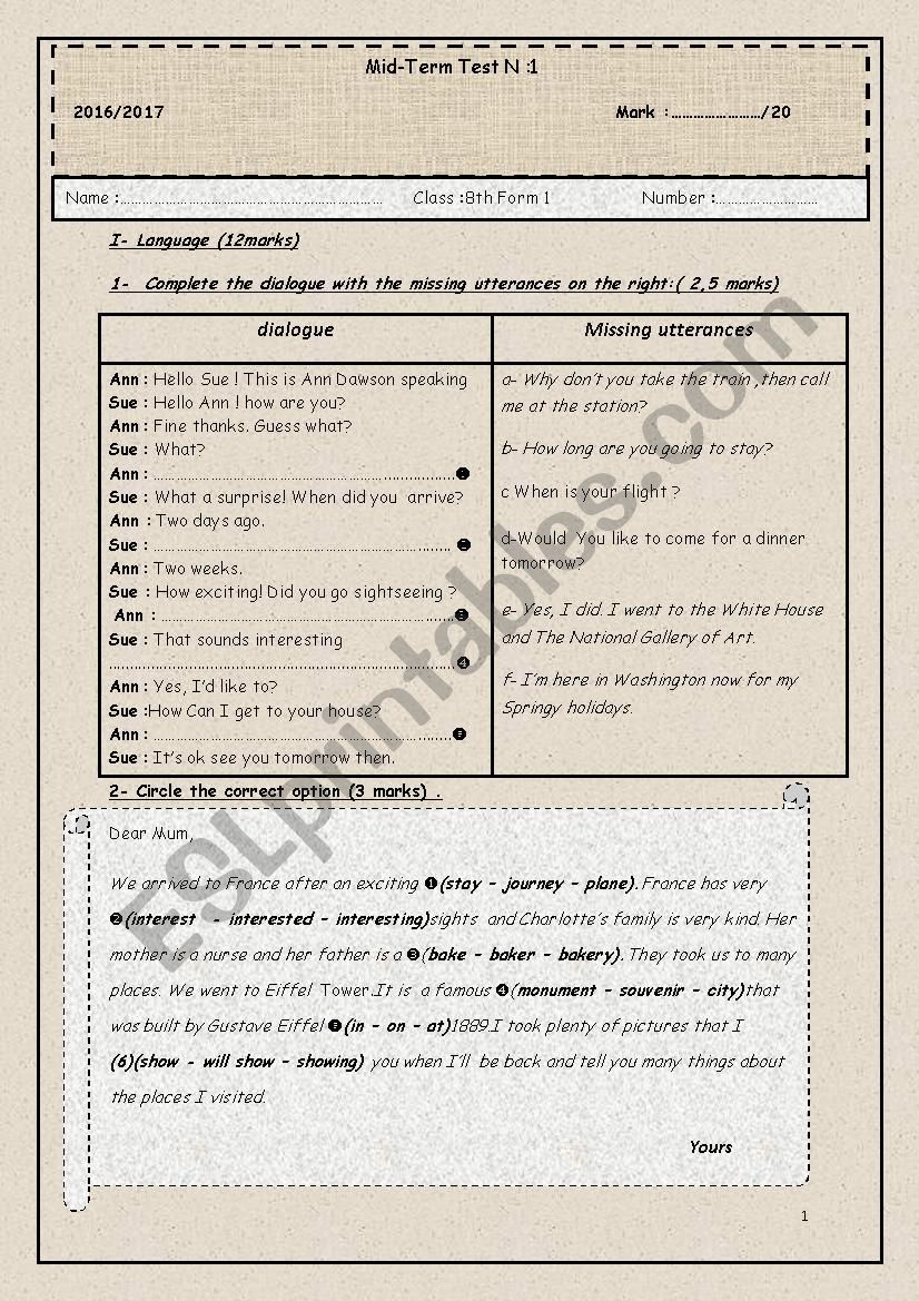 Mid-term test 1 8th formers worksheet