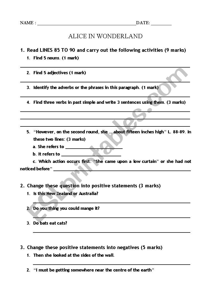 Alice in Wonderland worksheet