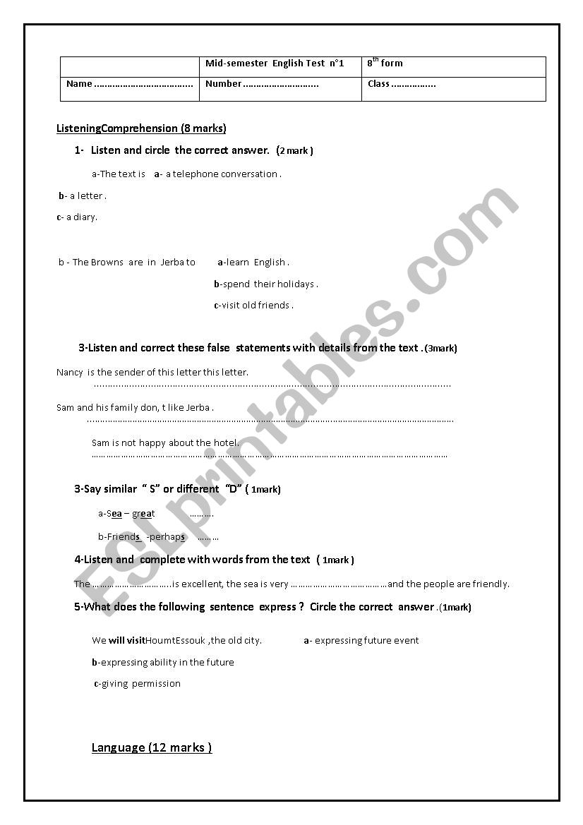 8th form  tunisian college worksheet