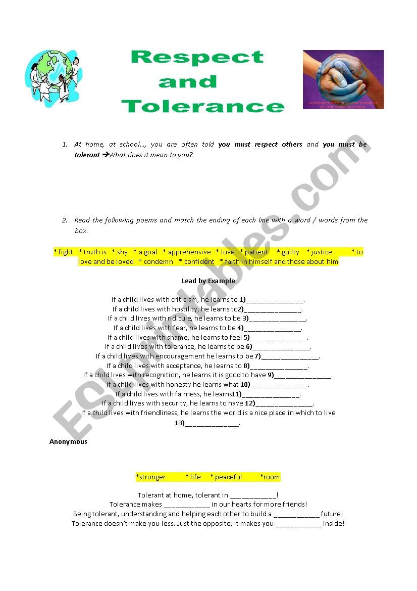 Respect and tolerance worksheet