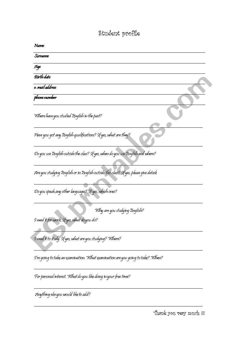 Student Profile  worksheet