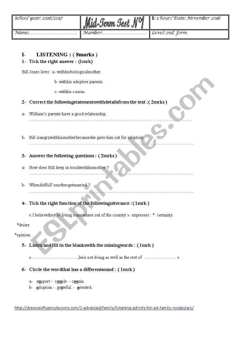 mid term test n° 1 2nd form - ESL worksheet by iramaram2