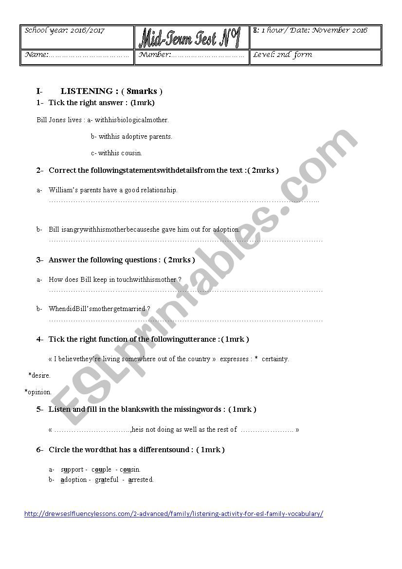 mid term test n 1 2nd form worksheet