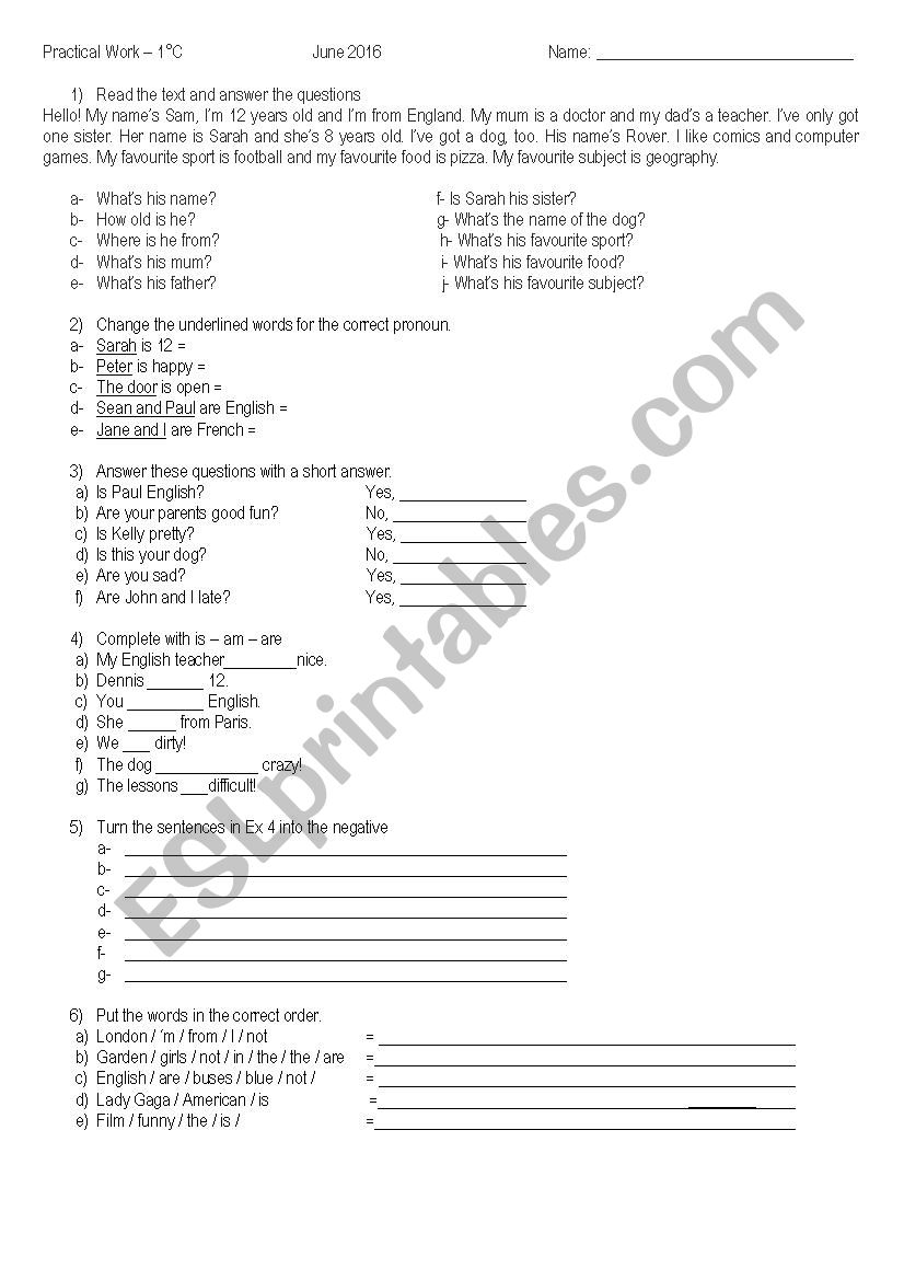 Verb to be practice worksheet