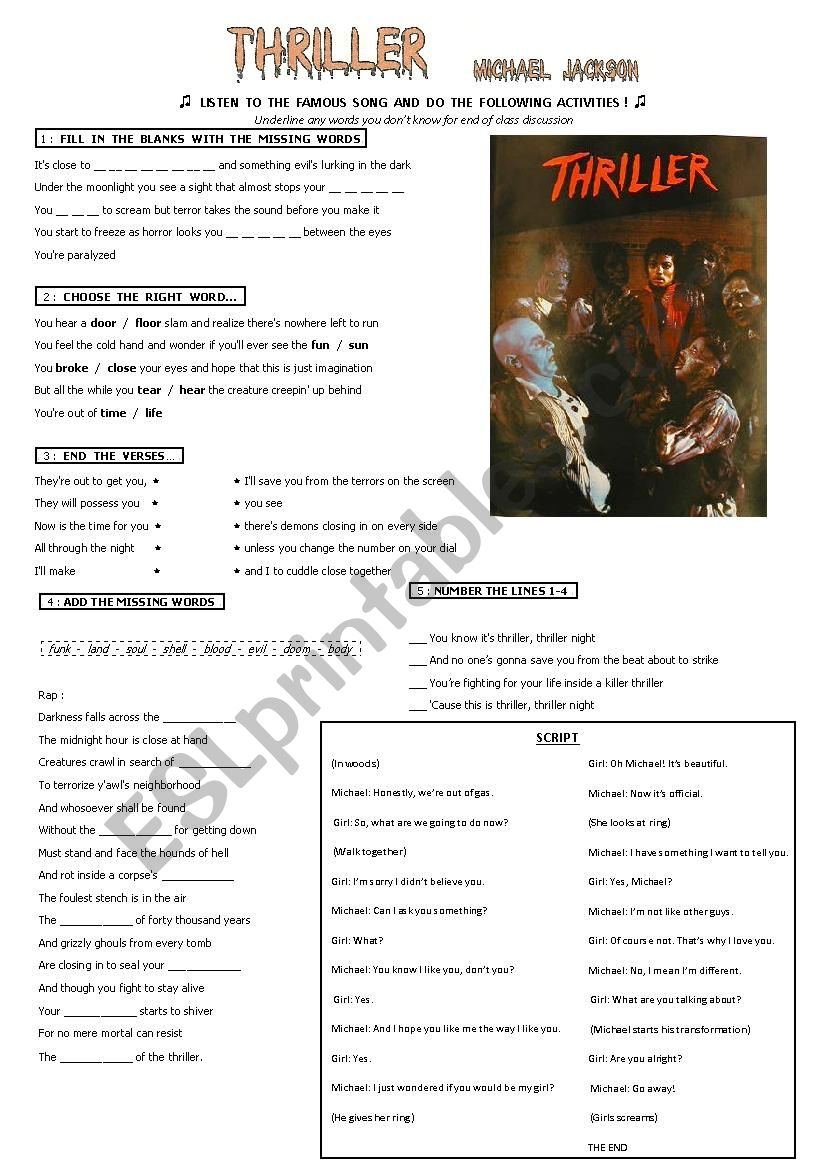 Michael Jackson Thriller Worksheet
