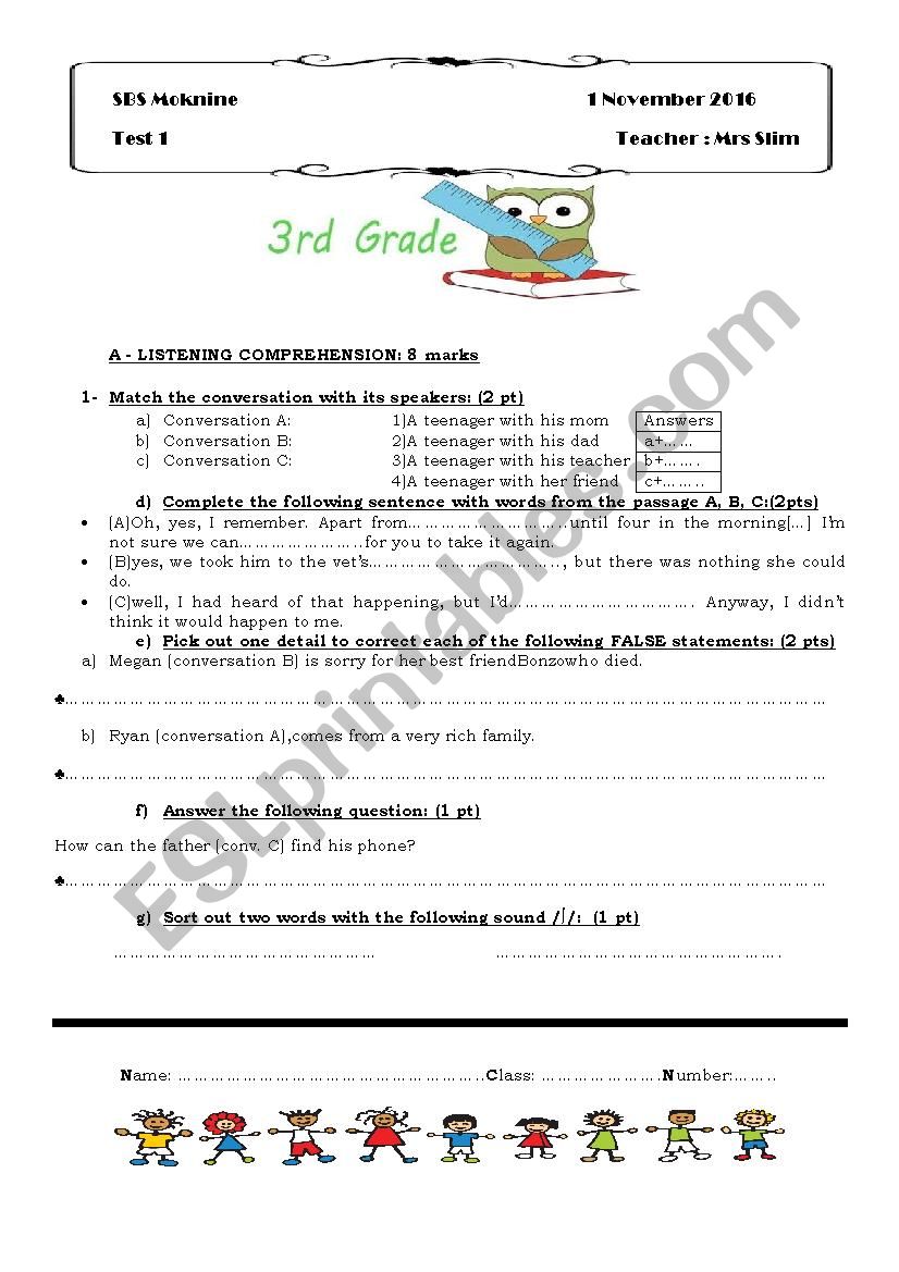 3rd Year MID TERM TEST 1 ( tunisian students)