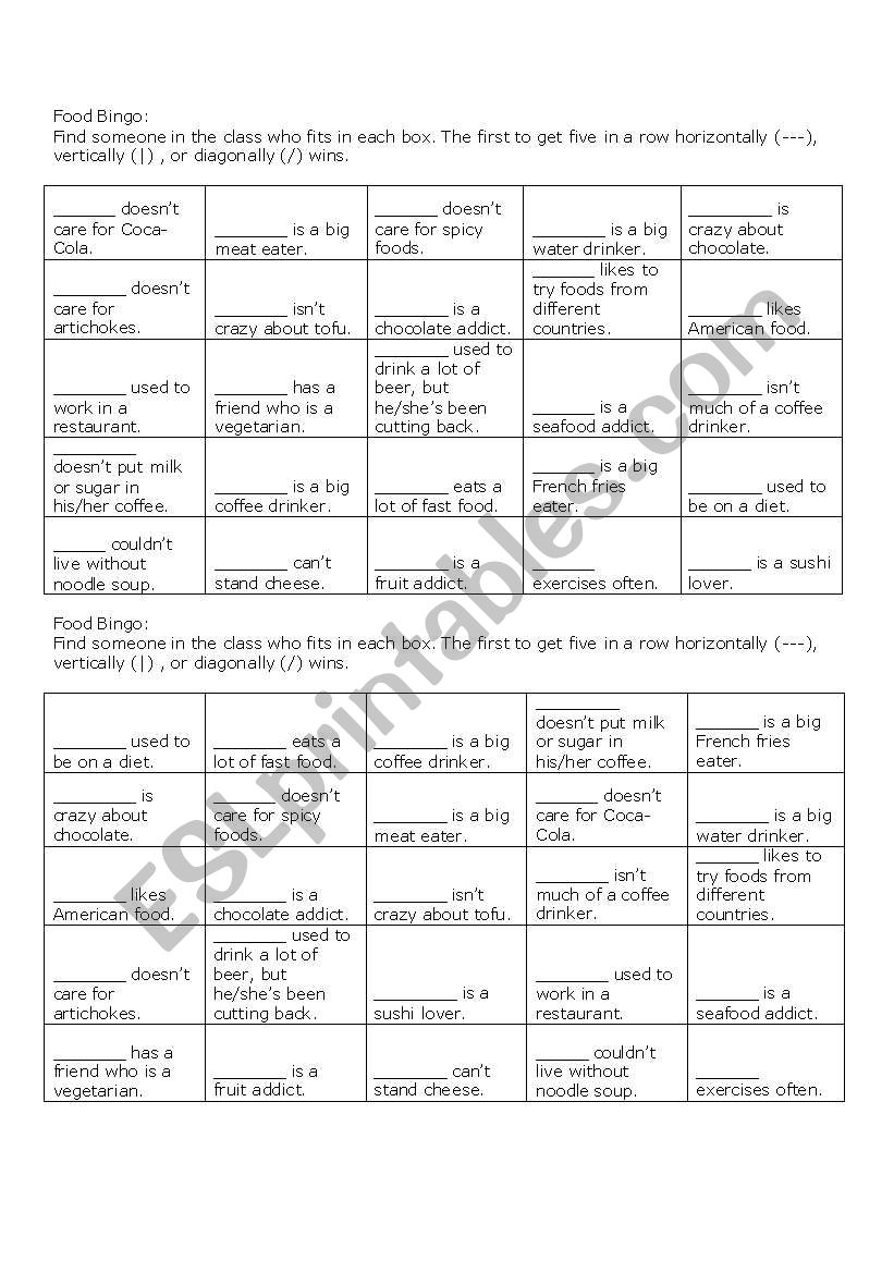 Food Bingo, Dinner Role Play and Rubric