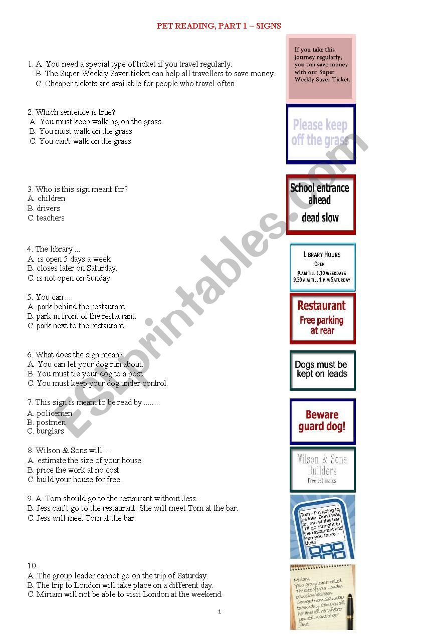 PET Reading test worksheet