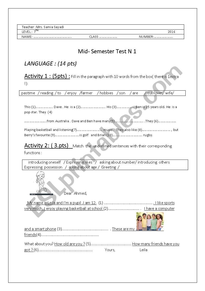 Mid-Semester test N1 worksheet