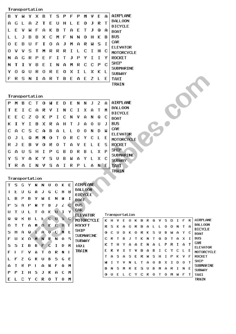 TRANSPORTATION - WORDSEARCH worksheet