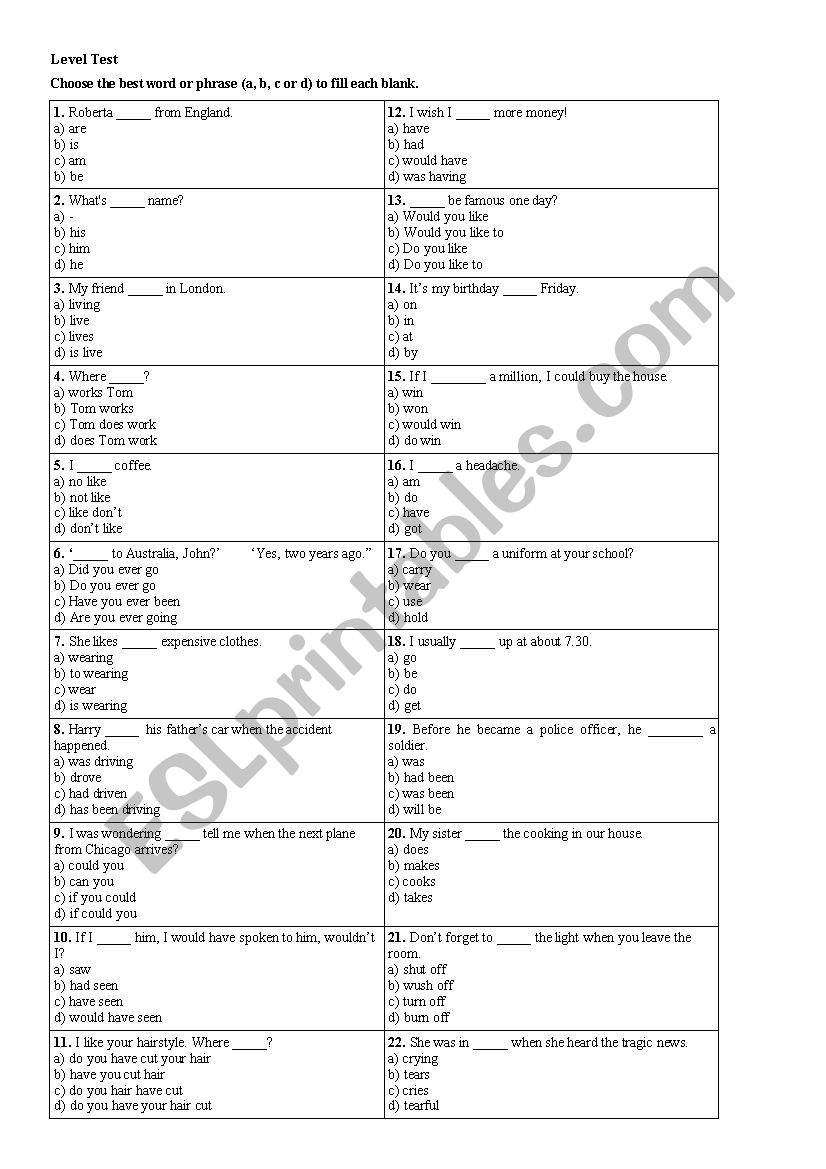 ESL level test- Placement Test