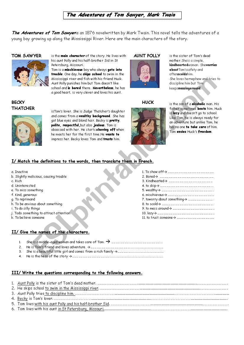 Tom Sawyer characters worksheet