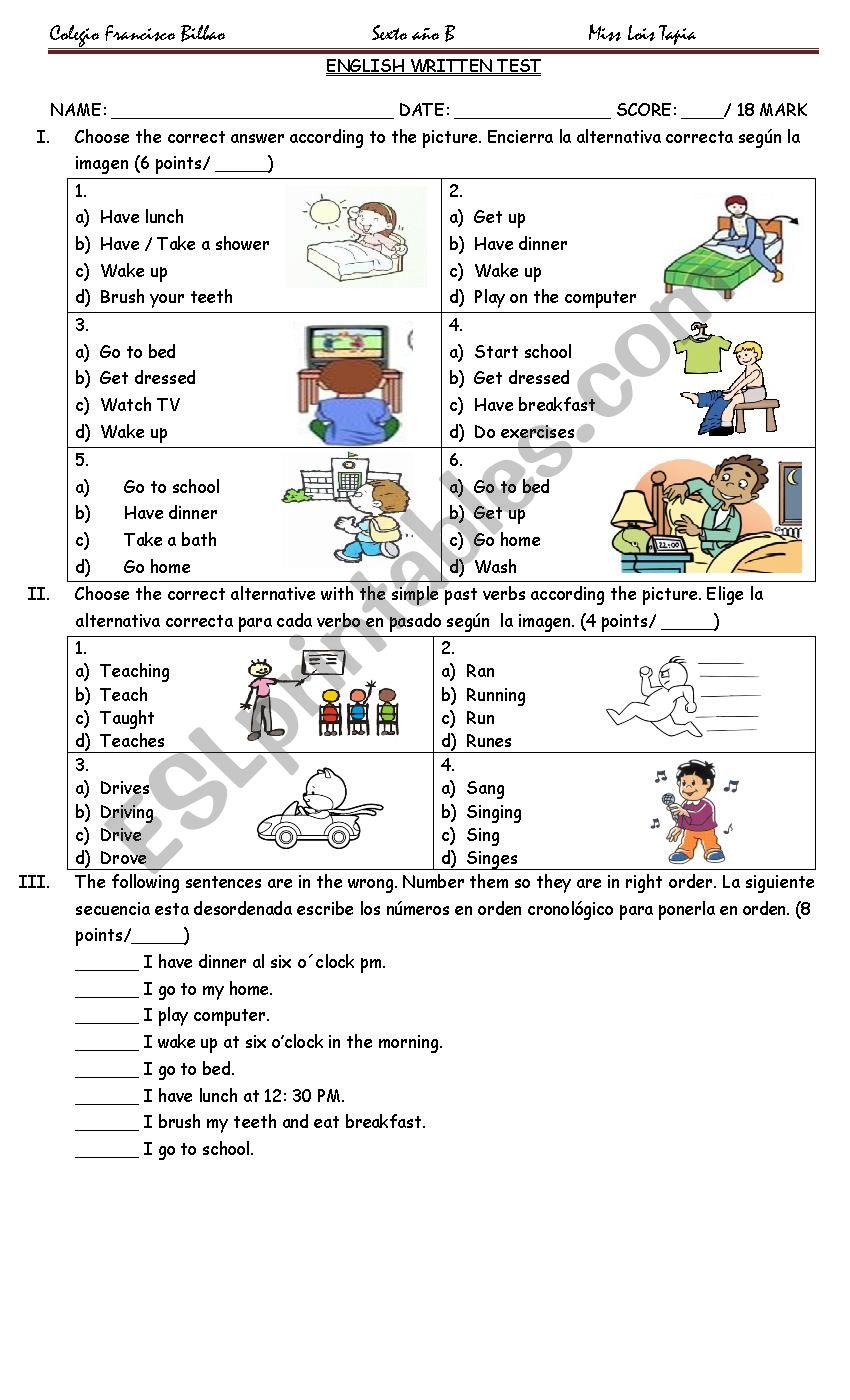 Verb Test Worksheets